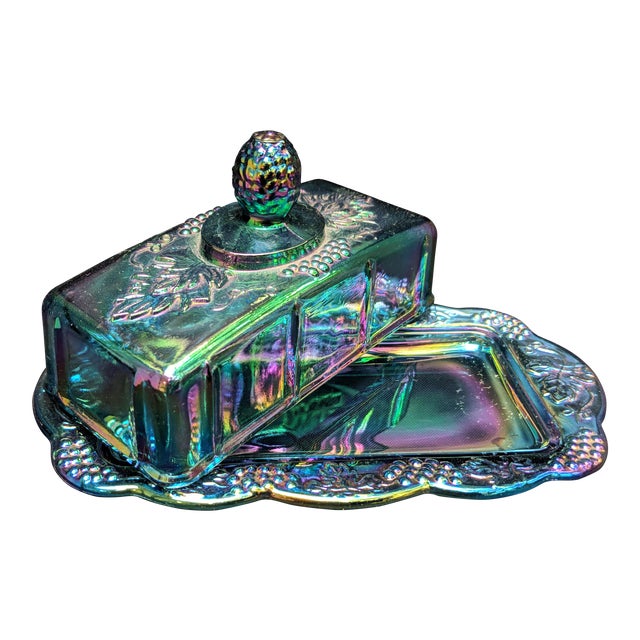 Vintage Indiana Glass Blue Harvest Grape Carnival Glass Butter Dish With Lid