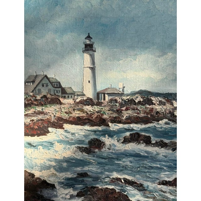 Farmhouse Vintage Framed Oil on Canvas Painting - Portland Head Lighthouse, Maine Rocky Coastline Seascape Signed For Sale - Image 3 of 12