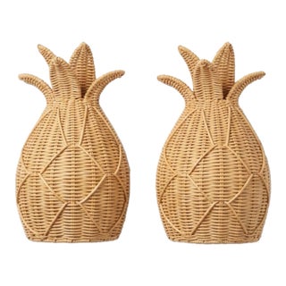 Pair of Vintage Palm Beach Style Woven Rattan Pineapple Wall Sconces For Sale