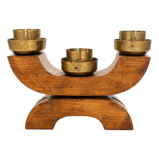Art Deco European Three Flame Hardwood and Heavy Brass Candlestick, 1930s For Sale