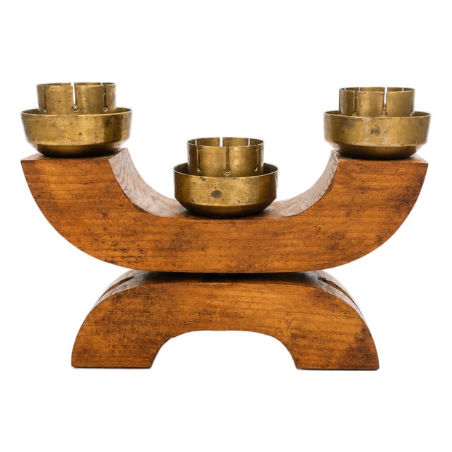 Art Deco European Three Flame Hardwood and Heavy Brass Candlestick, 1930s For Sale