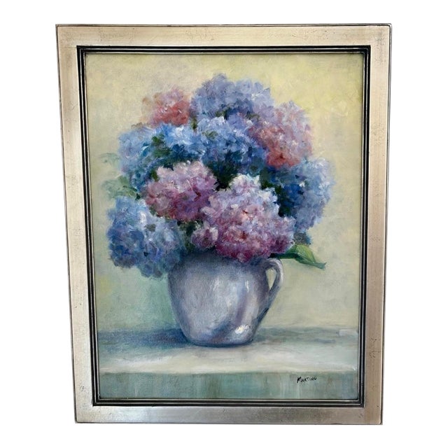 Original Framed Oil Painting of Hydrangeas in Vase, Artist Signed “Martino” For Sale