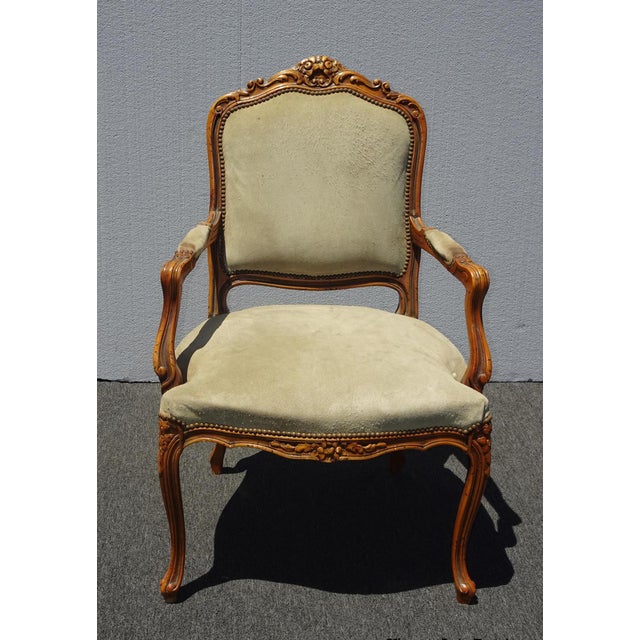 Vintage French Provincial Country Ornate Sage Green Suede Accent Chair