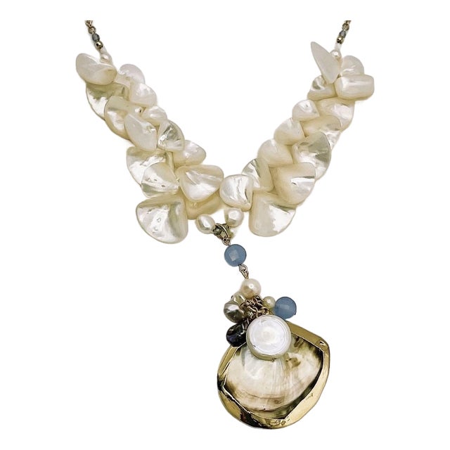 Natural Shell Genuine Pearl Aquamarine Mother of Pearl Necklace Gold Accents For Sale