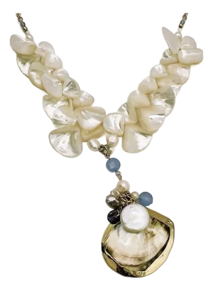 Natural Shell Genuine Pearl Aquamarine Mother of Pearl Necklace Gold Accents