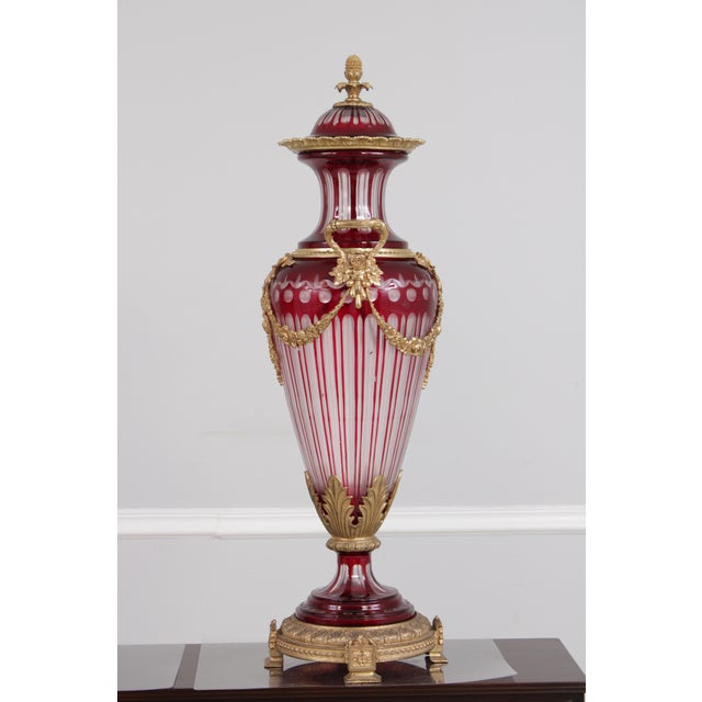 French Pair Palatial Bohemian Cut to Clear Crystal Bronze Urns For Sale - Image 3 of 18