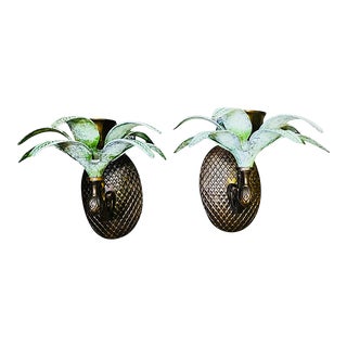 Late 20th Century Bronze Palm Tree Wall Candle Sconces a Pair For Sale