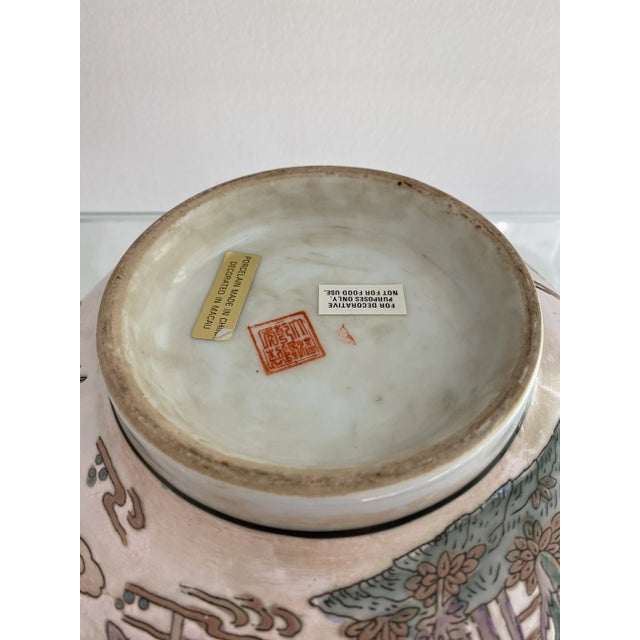 Large Chinoiserie Pale Pink Bowl With Crane For Sale - Image 9 of 10