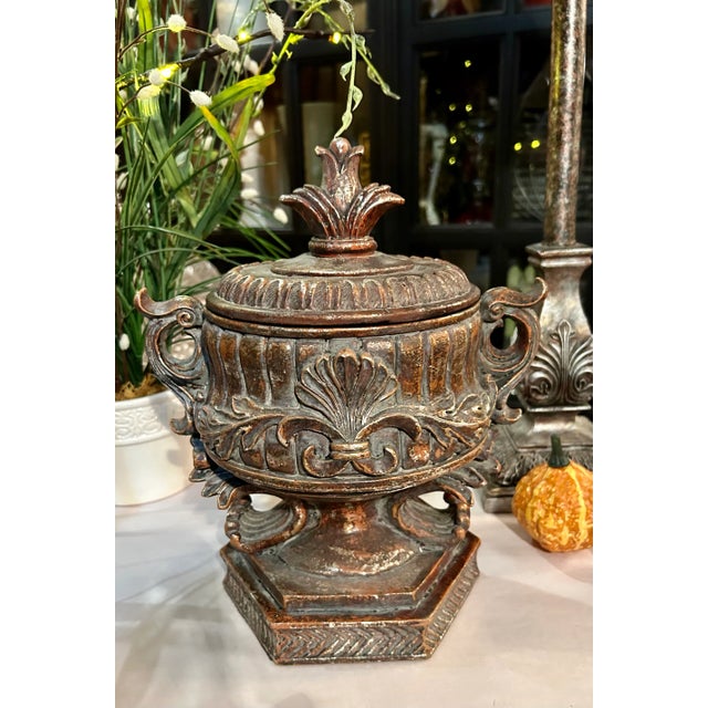 1980s 1980s Vintage Large Resin Carved Vase/Urn With Lid For Sale - Image 5 of 7