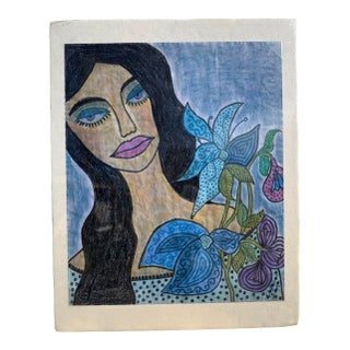 Jude Kirby Original Oil Pastel “Blue Flowers” For Sale