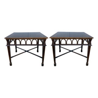 Pair Vintage Black Arched Side Tables Gold Accented For Sale