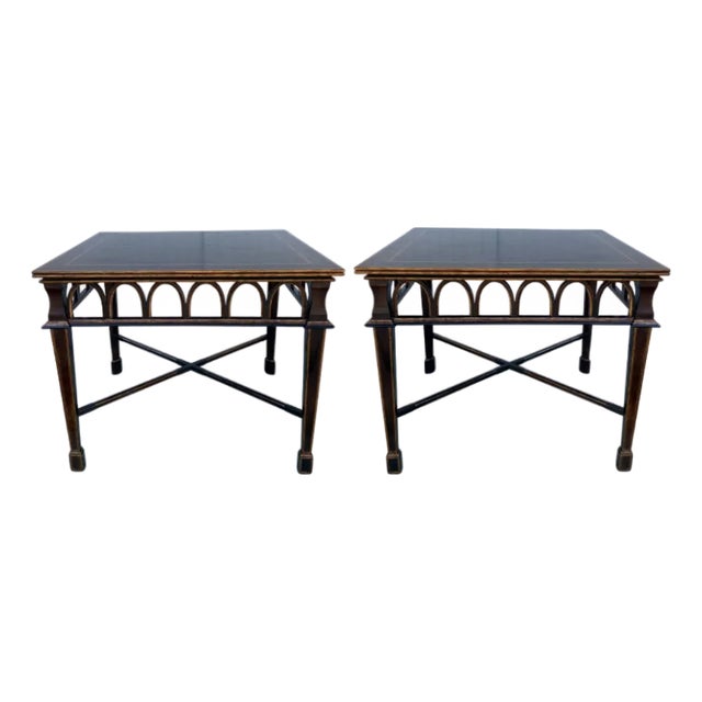 Pair Vintage Black Arched Side Tables Gold Accented For Sale
