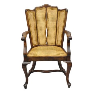 Antique Victorian Walnut and Cane Carved Lounge Arm Chair W/ Queen Anne Legs For Sale