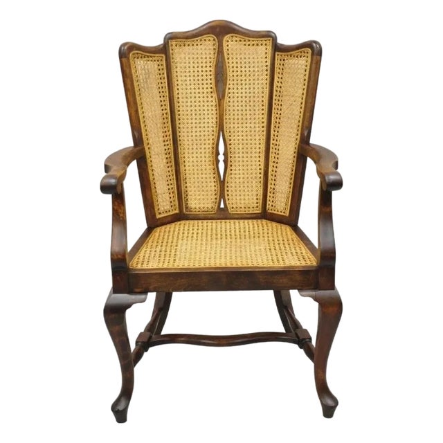 Antique Victorian Walnut and Cane Carved Lounge Arm Chair W/ Queen Anne Legs For Sale