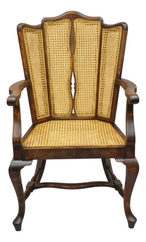 Antique Victorian Walnut and Cane Carved Lounge Arm Chair W/ Queen Anne Legs