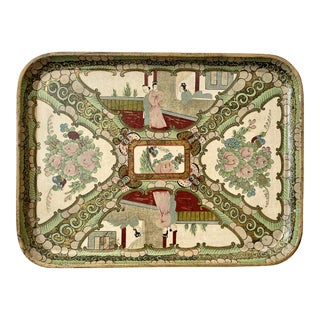 Rose Medallion Painted Wood Serving Tray For Sale