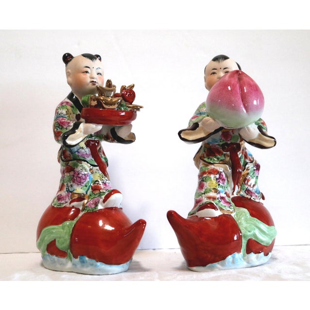 1940s Hand Painted Porcelain Chinese Figuirines on Gourds Bearing Gifts - a Pair For Sale - Image 12 of 12