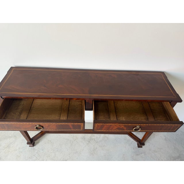 French Empire Style Mahogany Console Table With Herringbone Inlay and Y-Frame Stretcher For Sale - Image 4 of 12