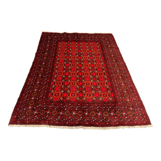 6'8" X 8'6" Vintage Turkmen Bashiri Soft Rug, Red & Brown Geometric Tribal Wool Pile Area Rug For Sale