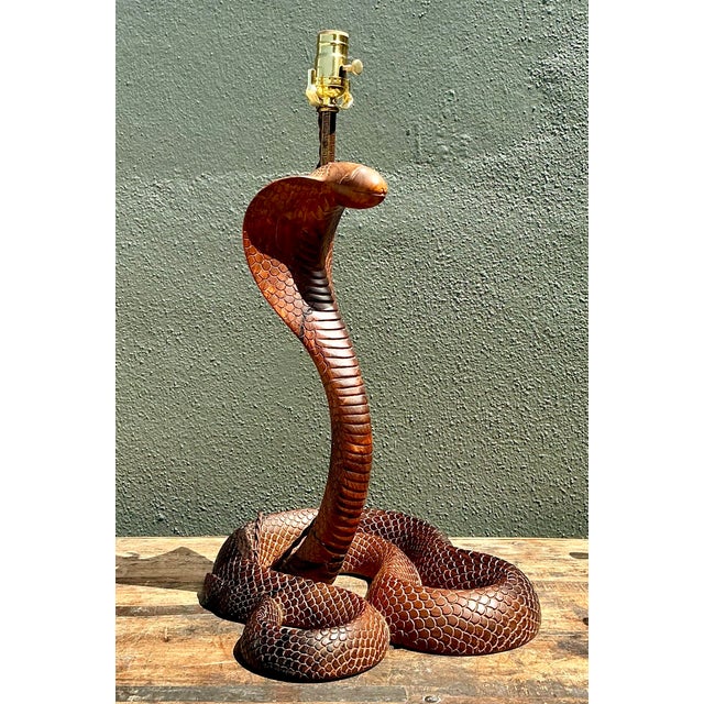Vintage Hand Carved Wood Cobra Lamp For Sale - Image 4 of 12