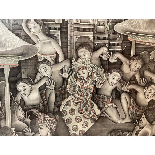 1970s Vintage Original Balinese Ubud Indonesian Figural Landscape Watercolor Painting For Sale - Image 5 of 10