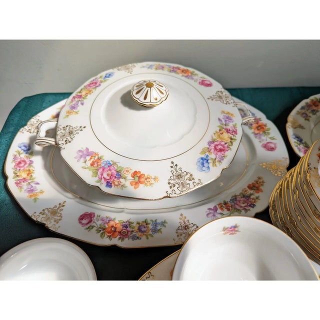 Vintage porcelain fine China set featuring 100 pieces of serveware by F&B made in Bohemia Czechoslovakia. Beautiful floral...