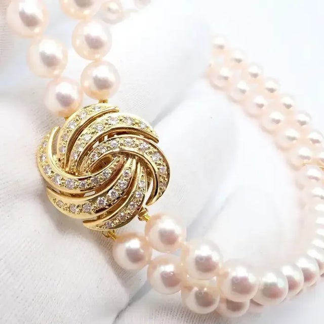 Modern 1990s Mikimoto Diamond Double Strand 8mm Cultured Pearl 18k Yellow Gold Necklace For Sale - Image 3 of 12