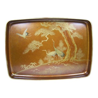 Antique Japanese Nashiji Lacquer Tray With Raised Gold Cranes, Meiji Era For Sale