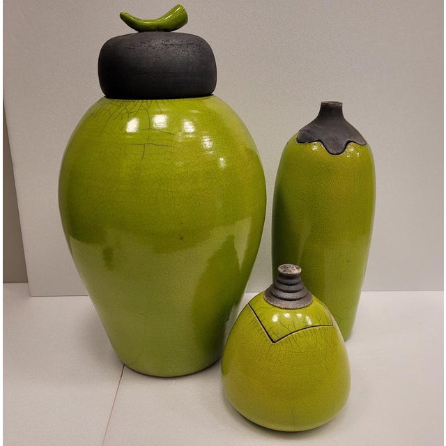 Vintage Green Vases in Raku Ceramics from Befos, Set of 3 For Sale - Image 3 of 18