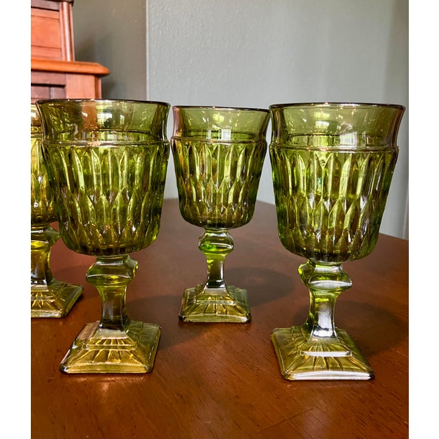 1960s 1960s Mid-Century Modern Avocado Green Diamond Point Goblets – Elegant Set of 6 For Sale - Image 5 of 14