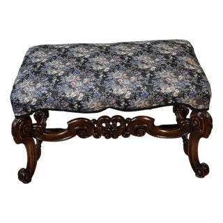 1900s Antique French Louis XV Carved Walnut Bench / New Upholstery For Sale