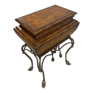 1990s Burl Wood & Wrought Iron Accent Chest With Faux Leather Drawer Front – Old World Mediterranean Style For Sale