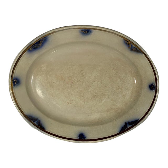 Platter - English China, Blue & White Gold Rim - Decorated With Blue Leaf Motif. "Elsinore" - 1880's For Sale