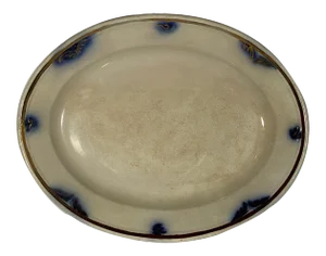 Platter - English China, Blue & White Gold Rim - Decorated With Blue Leaf Motif. "Elsinore" - 1880's