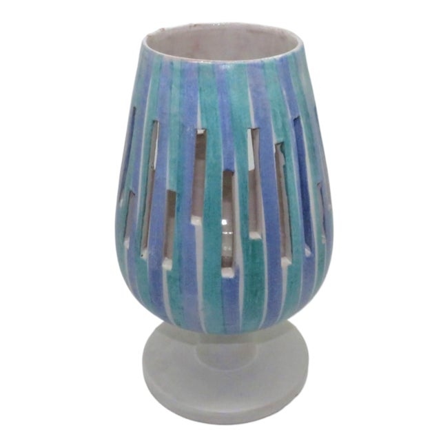 Unique mid-century Italian ceramic candle hurricane decorated with hand-painted vertical stripes in turquoise and...