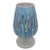 Unique mid-century Italian ceramic candle hurricane decorated with hand-painted vertical stripes in turquoise and...
