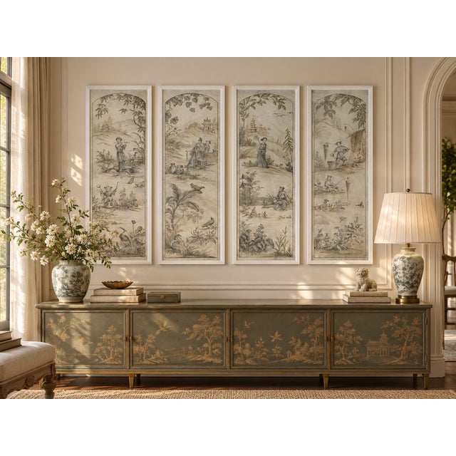 A Retro Chinoiserie-Style Gray-Toned Decorative Mural (Four-Panel Painting) For Sale - Image 13 of 14