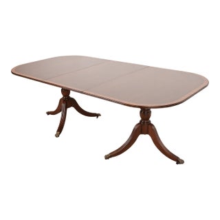 Baker Furniture Style Georgian Banded Mahogany Double Pedestal Extension Dining Table, Newly Refinished For Sale