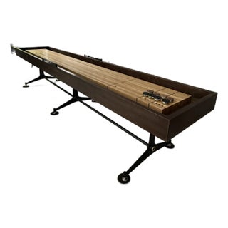 District Eight Artisanal 13’ Shuffleboard Table, Smoked Oak Frame & Cast Iron Base For Sale