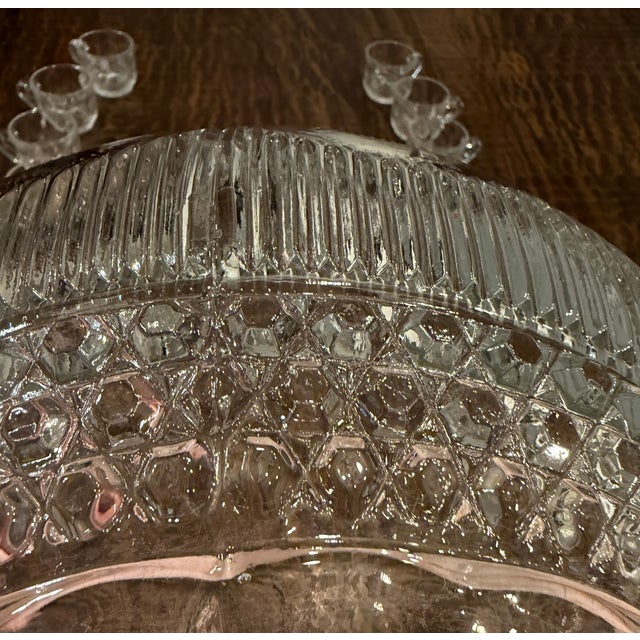 Transparent Vintage Tiffin-Franciscan Bullseye Pressed Glass Punch Bowl Set With 12 Cups & Original Ladle For Sale - Image 8 of 15