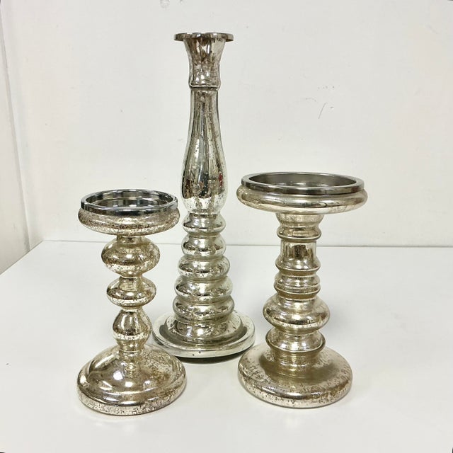 1990s Vintage Boho Chic Modern West Elm Attributed Mercury Glass Candleholders - Set of 3. For Sale - Image 9 of 12
