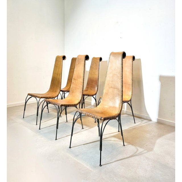 Middle-Eastern Leather and Cast Iron Dining Chairs, Set of 6 For Sale - Image 6 of 6