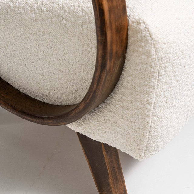 20th Century Czech Republic Warm Ivory Boucle Bentwood-Arm Lounge Chair For Sale - Image 11 of 11