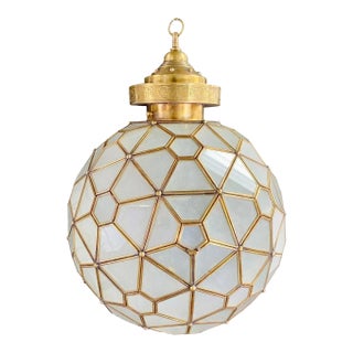 Art Deco Style Globe White Milk Glass & Brass Pendant Chandelier Lantern For Sale