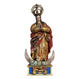Baroque Virgin of the Immaculate Conception in Polychrome and Gilded Wood, 17th Century For Sale