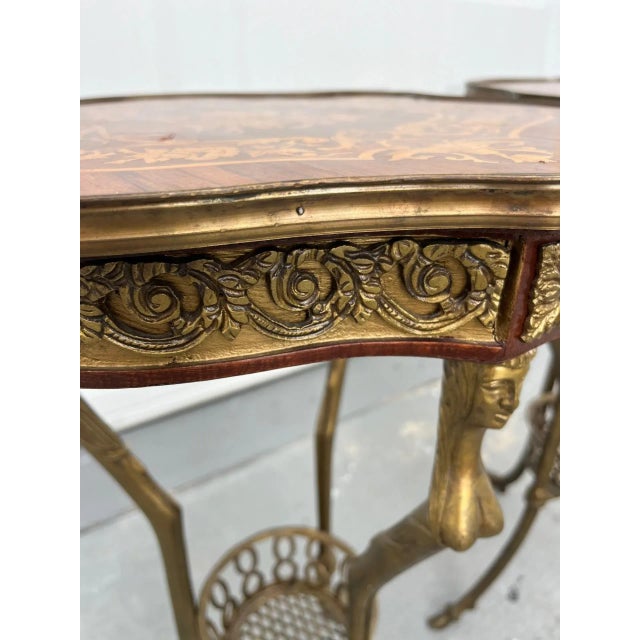 Pair of most elegant French 20th century Louis XVI style Gueridons side tables. The base is a solid bronze tripod pedestal...