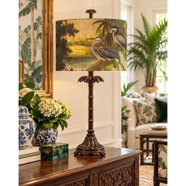 Late 20th Century Tropical Heron Bamboo-Style Shade on Neoclassical Palm-Frond Table Lamp For Sale - Image 5 of 5