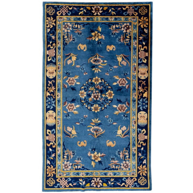 Textile 1960s Handmade Antique Peking Chinese Blue Wool Rug With Allover Floral Design For Sale - Image 7 of 7