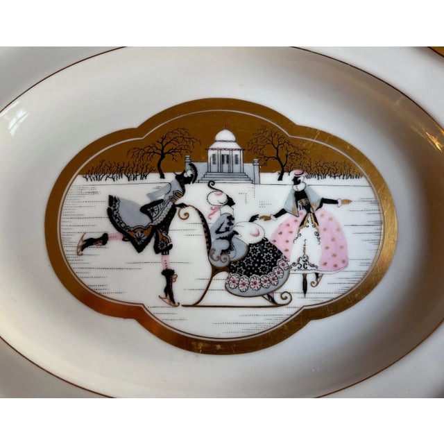 Art Deco Rosenthal porcelain rhododendron pattern oval platter decorated with hand pained Rococo winter scene of ice...