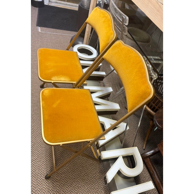 1970s Pair of Vintage Gold Velvet Folding Bridge Chairs For Sale - Image 5 of 9